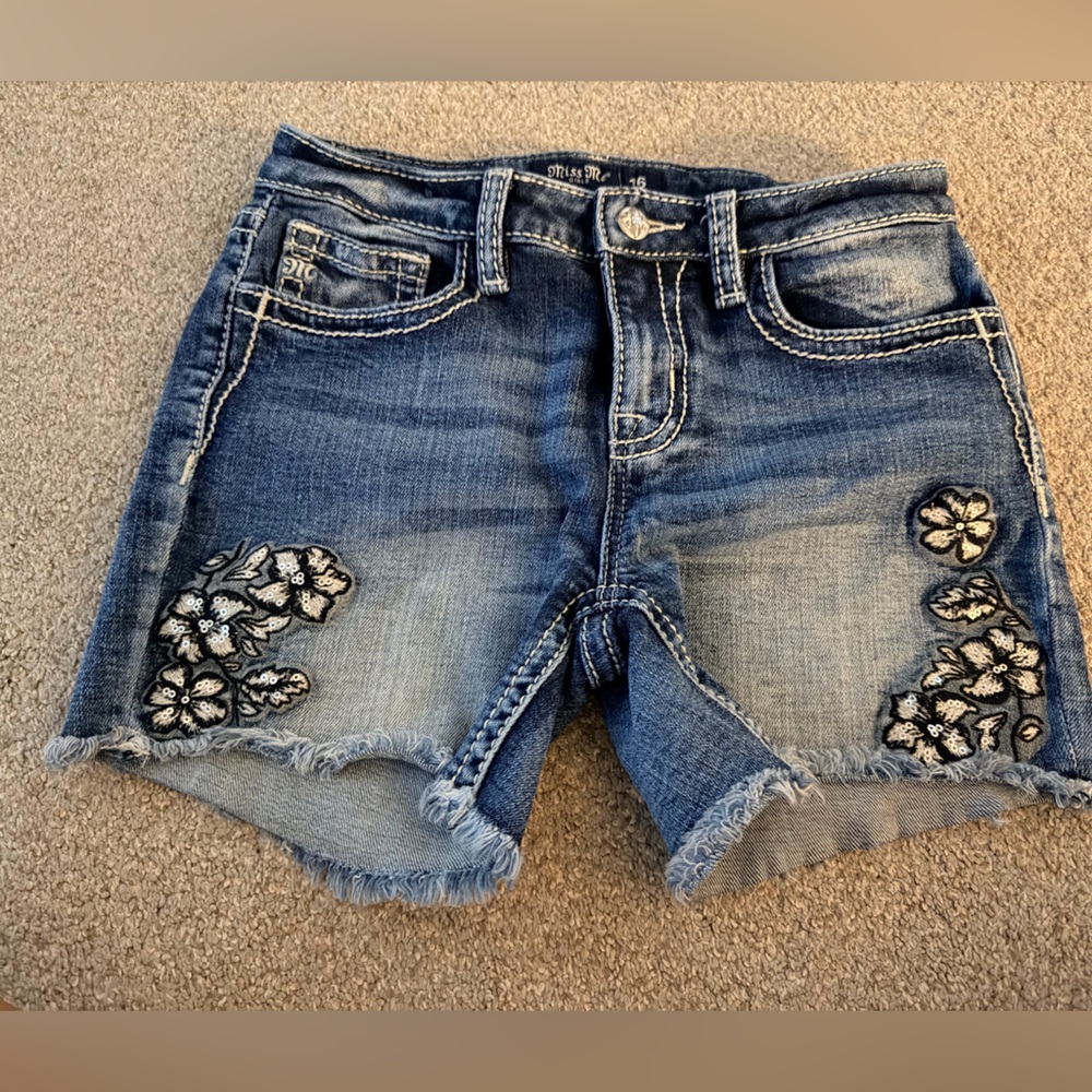 Miss Me Denim Shorts with Black Floral Design